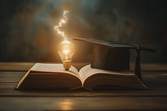 Glowing light bulb in a book about innovation and inspiration concept success study