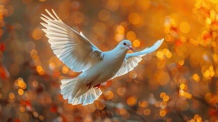 White Dove in Flight Against a Golden Bokeh Background