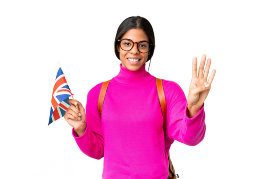 Young African American woman holding an United Kingdom flag over isolated chroma key background happy and counting four with fingers