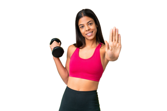 Young African American woman sport woman making weightlifting over isolated chroma key background making stop gesture