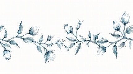 Minimal line art vector-style image of seamless band of simple stylized flower buds and leaves vine isolated on a white ground.