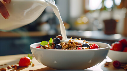 A close-up of milk being poured over a bowl of granola, with fresh berries and nuts, against a bright and airy kitchen backdrop