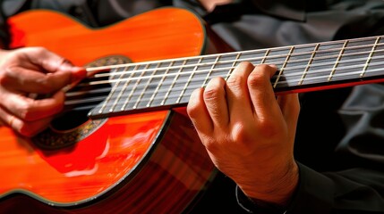 Close-Up of Hands Playing Acoustic Guitar