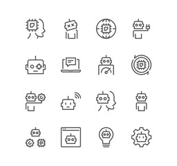 Set of artificial intelligence related icons, algorithm, self learning, face recognition and linear variety vectors.
