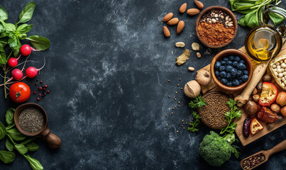 Top view of various spices and herbs on dark brown table With space for your message