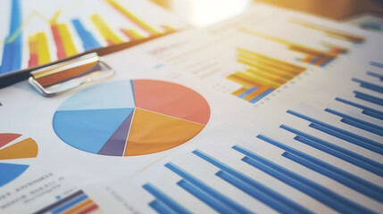 Close-up of colorful financial charts and graphs on a clipboard, reflecting the analysis and visualization of business data.