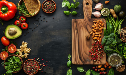 Top view of various spices and herbs on wooden table With space for your message on a wooden cutting board.