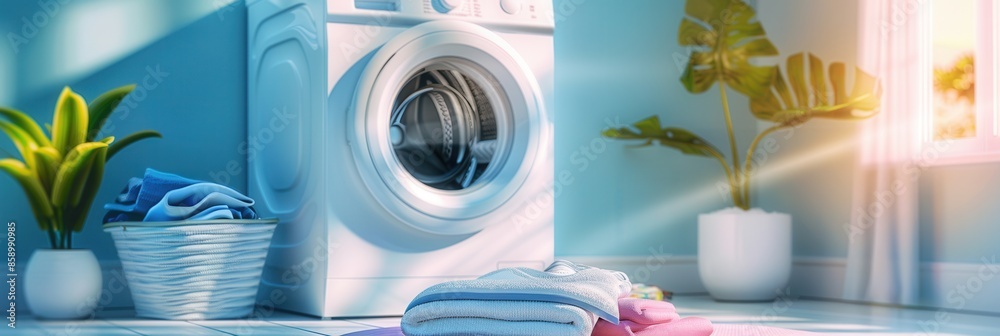 Poster a white washing machine is in a bright room with a window, with clean, neatly folded laundry in fron