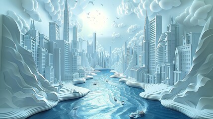 Mesmerizing paper scene depicting a futuristic cityscape with advanced technology and bustling activity. Illustration, Minimalism,