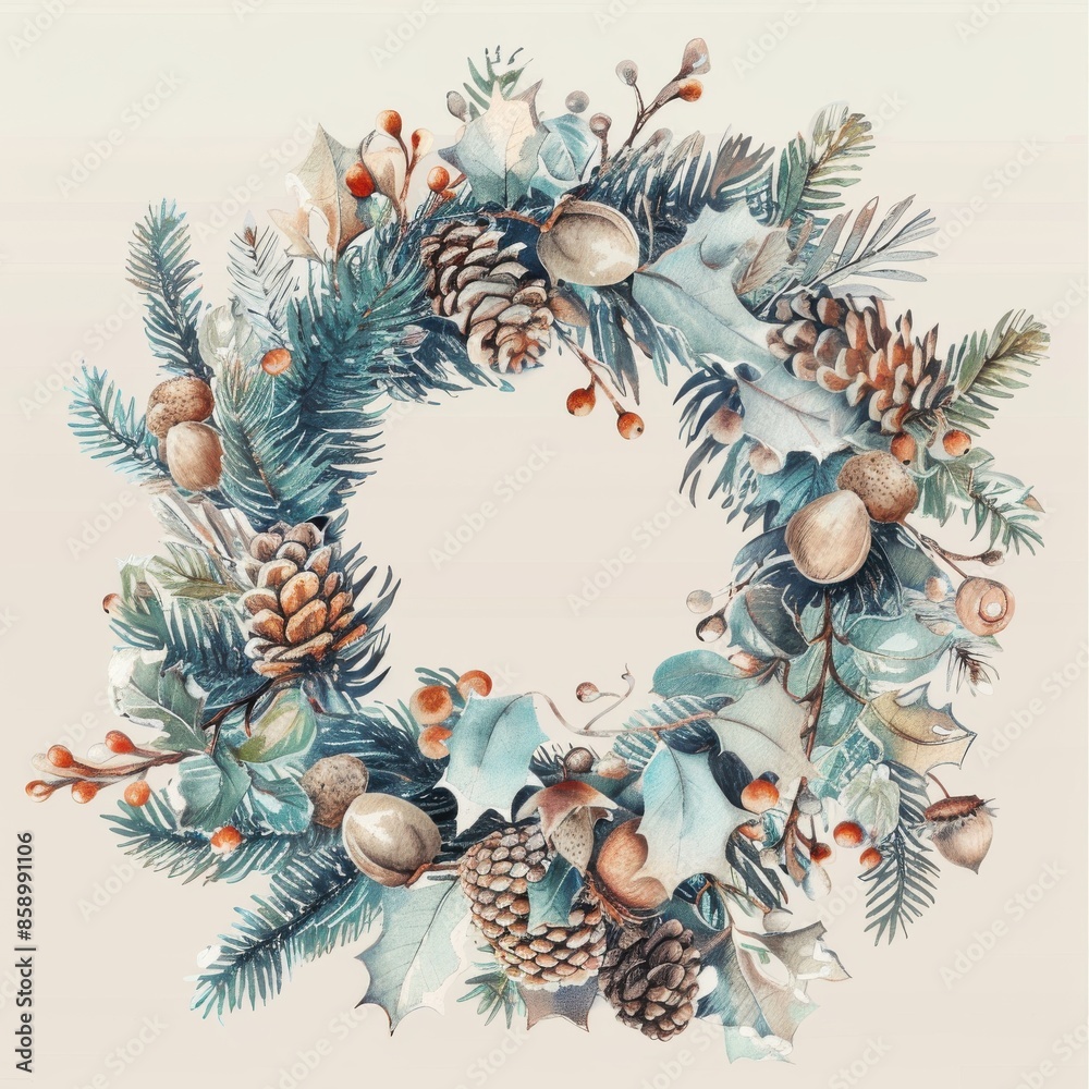 Poster this image is a watercolor illustration of a winter wreath made with pine branches, pinecones, red b