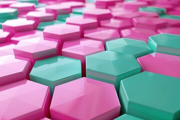 Obraz premium : Abstract Background, 3D hexagonal grid in complementary colors of pink and teal, with a smooth, glossy finish and light reflections, creating a striking and modern design.