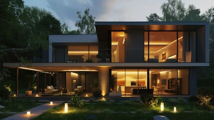 Fototapeta premium Modern house interior. Night. Evening lighting. 3D rendering.