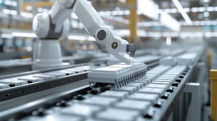 Battery operated industrial robot arm for assembly on factory production lines. Artificial Intelligence Concepts for Industrial Revolution and Automation of Production Processes