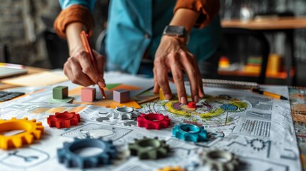 Fototapeta premium Close-up of hands working on a business project with colorful gears, notes, and diagrams on a table, representing innovative planning and diverse strategy development.