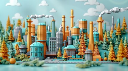 Vibrant paper scene showcasing the synergy between urban development and industrial growth. Illustration, Minimalism,