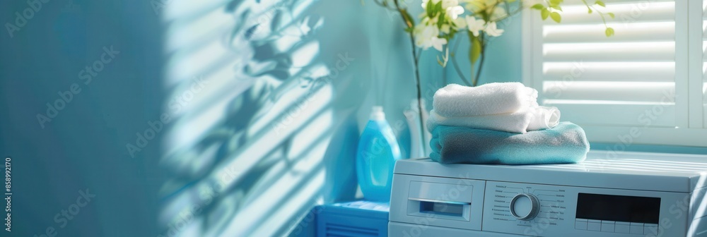 Poster a stack of neatly folded laundry sits on top of a white washing machine in a bright bathroom. genera