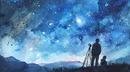 This watercolor painting depicts a father and son silhouetted against a breathtaking night sky filled with stars. The father, holding a camera on a tripod, appears to be capturing the celestial beauty