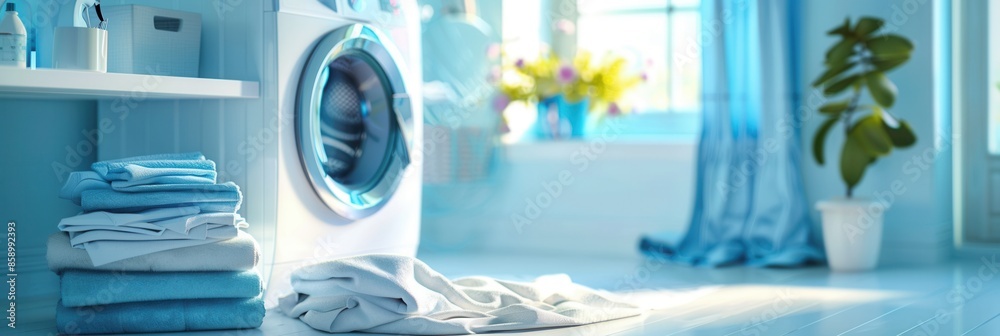 Aufkleber a stack of neatly folded clean laundry sits next to a washing machine in a bathroom with blue walls 