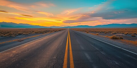 Naklejka premium Endless Road Through the Desert at Sunset