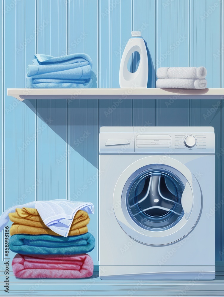Poster a white washing machine sits next to a stack of freshly folded laundry in a blue room. generative ai