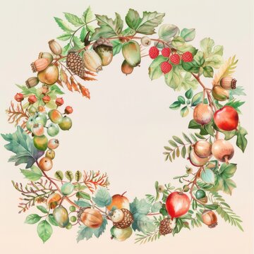 This image shows a watercolor illustration of an autumn wreath made of branches and leaves. It features a variety of colorful fruits and berries, including red raspberries, green apples, and brown aco