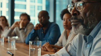 An intense moment captured in a boardroom meeting, with participants in thoughtful discussion, focusing on strategic planning and decision-making.
