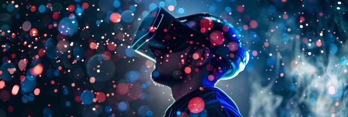 A person wearing a VR headset experiences a dynamic data flow visualization, surrounded by colorful, glowing bokeh lights and digital particles