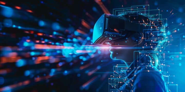 A person wearing VR headset visualizing data flow, surrounded by blue and orange light trails and digital patterns, in a dark futuristic environment