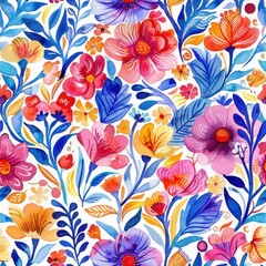 A vibrant and colorful watercolor floral pattern featuring a variety of flowers and leaves in shades of pink, purple, orange, yellow, and blue. The pattern is set against a white background and create