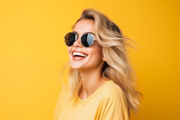 Naklejka premium Young pretty blonde girl over isolated colorful background with sunglasses