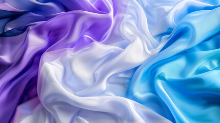 Fototapeta premium A flow of smooth, silky fabrics in a gradient of purple, white, and blue gently draped together, creating a soothing and luxurious visual.