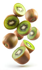 Fototapeta premium Falling different kiwi fruits isolated on white background. clipping path, Selective focus.png