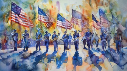 This watercolor painting depicts a marching band in a parade. The band members are dressed in blue uniforms and are playing instruments as they march down the street. There are multiple American flags