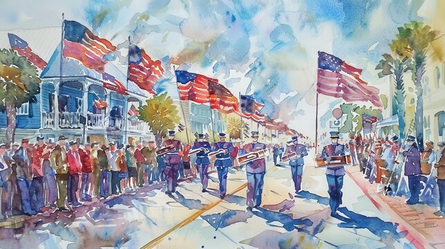 A watercolor painting depicting a marching band in a celebratory parade on a sunny day. The band is playing instruments while marching down the street, passing by spectators standing on the sidewalk a