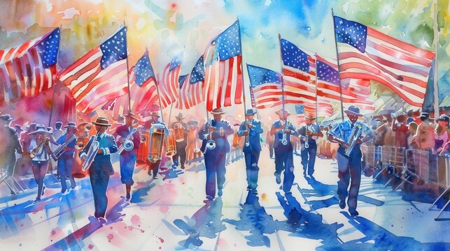 A watercolor painting depicts a vibrant scene of an American flag parade with a marching band. The band members are dressed in blue uniforms and are playing their instruments. American flags are wavin
