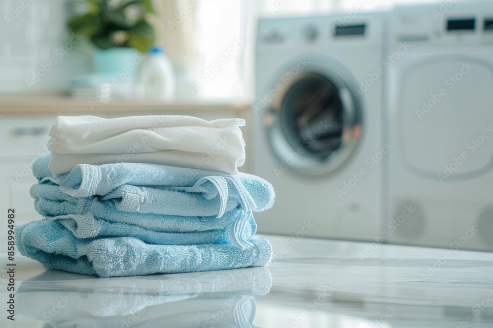 Poster a stack of neatly folded, blue towels sits on a countertop next to a white washing machine. generati