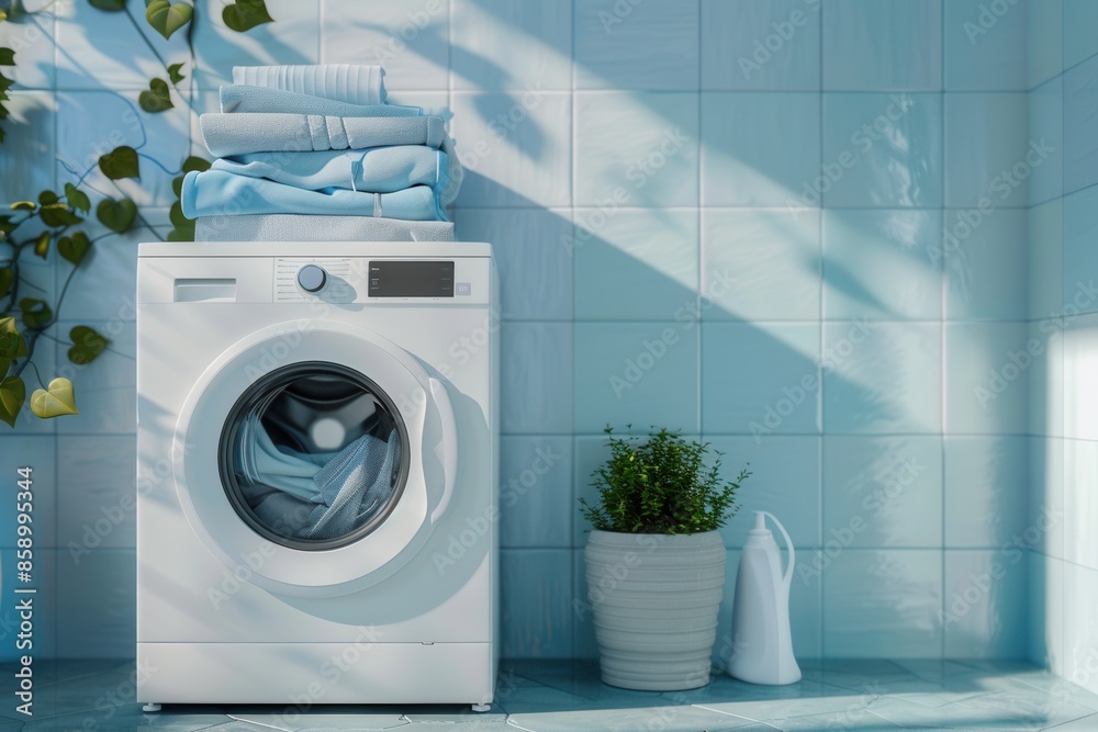 Poster a white washing machine sits in a tiled bathroom with folded laundry stacked on top. generative ai