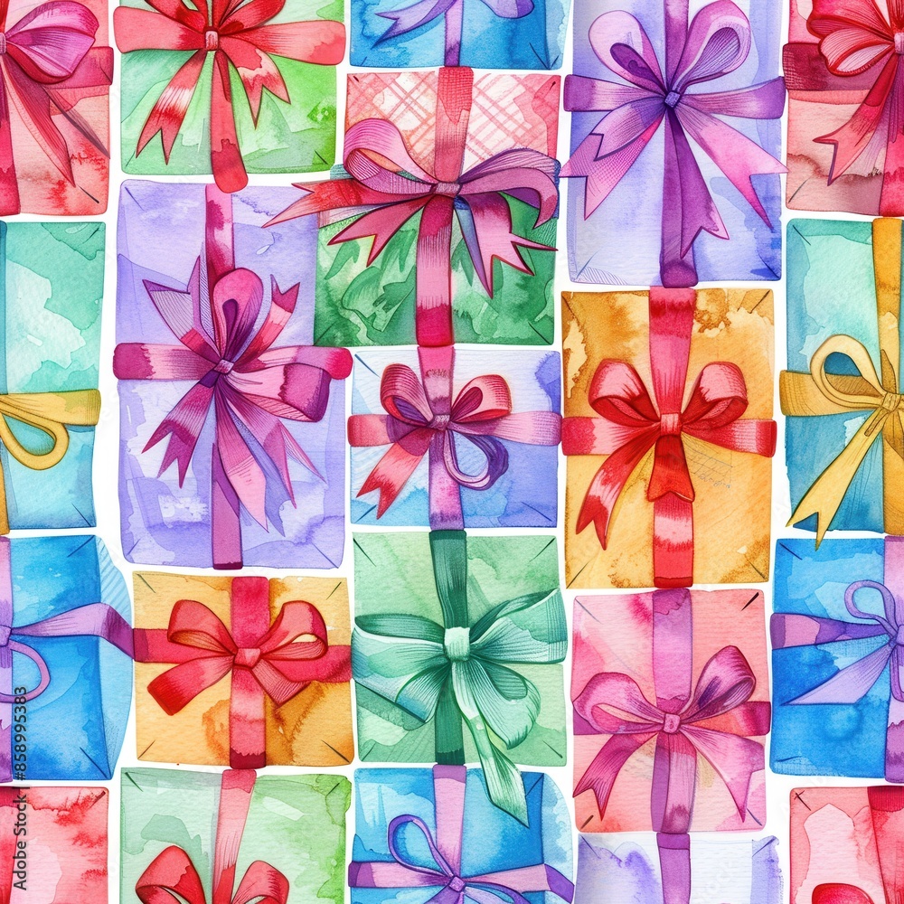 Poster This image features a repeating pattern of watercolor-painted gift boxes tied with colorful bows. The boxes are various shapes and sizes, each with a unique color and pattern. The image is perfect for