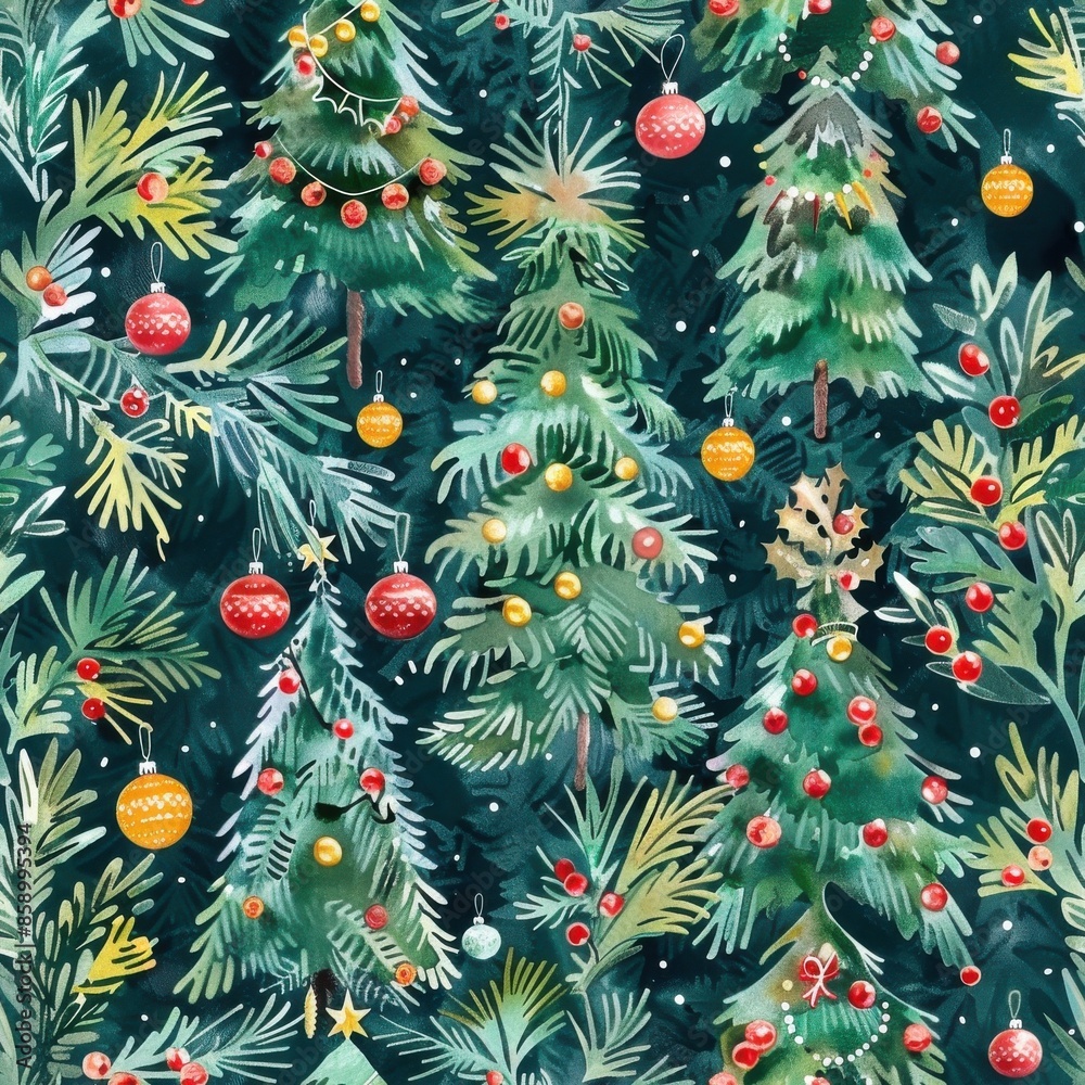 Poster a festive watercolor pattern featuring christmas trees adorned with red and yellow ornaments, with a