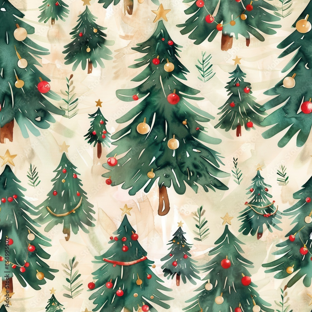 Aufkleber this digital illustration features a watercolor pattern of christmas trees with red and gold ornamen
