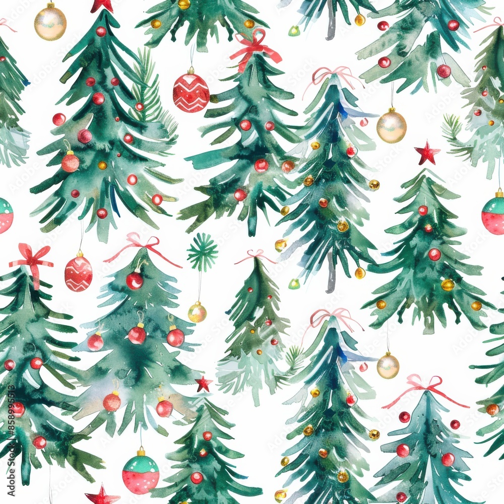 Poster This watercolor image features a seamless pattern of green Christmas trees with red and gold ornaments. The trees are painted in a whimsical style, with some having red bows and others having gold sta