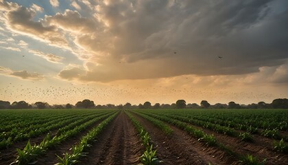 Apocalyptic Swarm of Locusts Descending on Crops