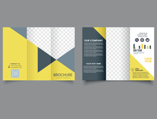 Yellow trifold brochure with triangles Construction trifold brochure template or company profile. Vector illustration