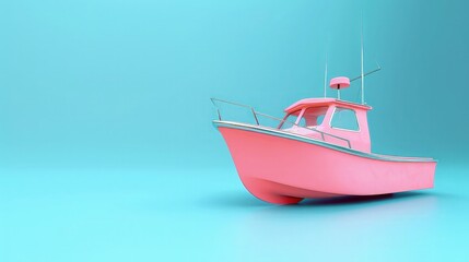 Fototapeta premium Pink fishing boat on bright blue background in pastel colors. Minimalism concept. 3d render.