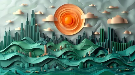 Detailed paper landscape featuring a futuristic cityscape against a backdrop of bustling industrial activity. Illustration, Minimalism,