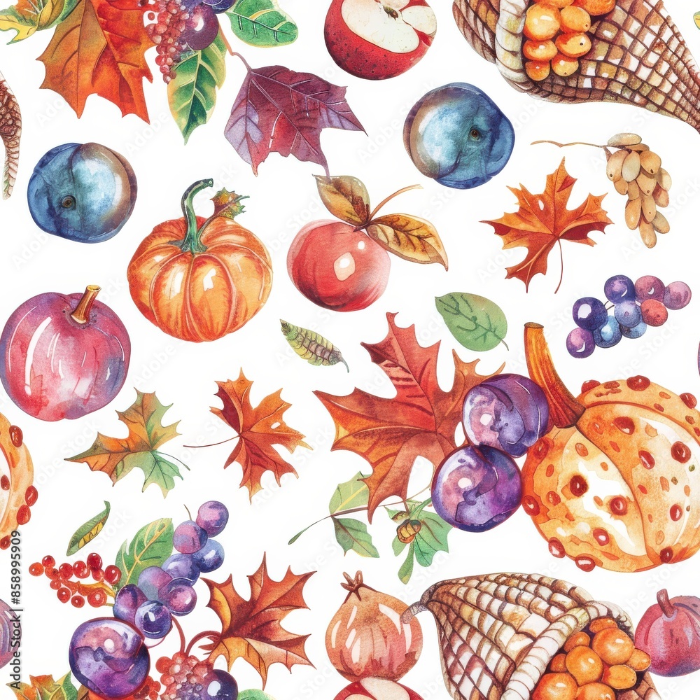 Poster this is a watercolor seamless pattern featuring autumnal harvest elements. the pattern includes colo