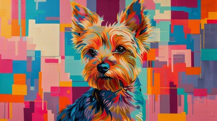 Yorkshire Terrier in 80's op-art style, avant-garde painting on canvas, surrealism, muted palette, artistic vibe, geometric designs