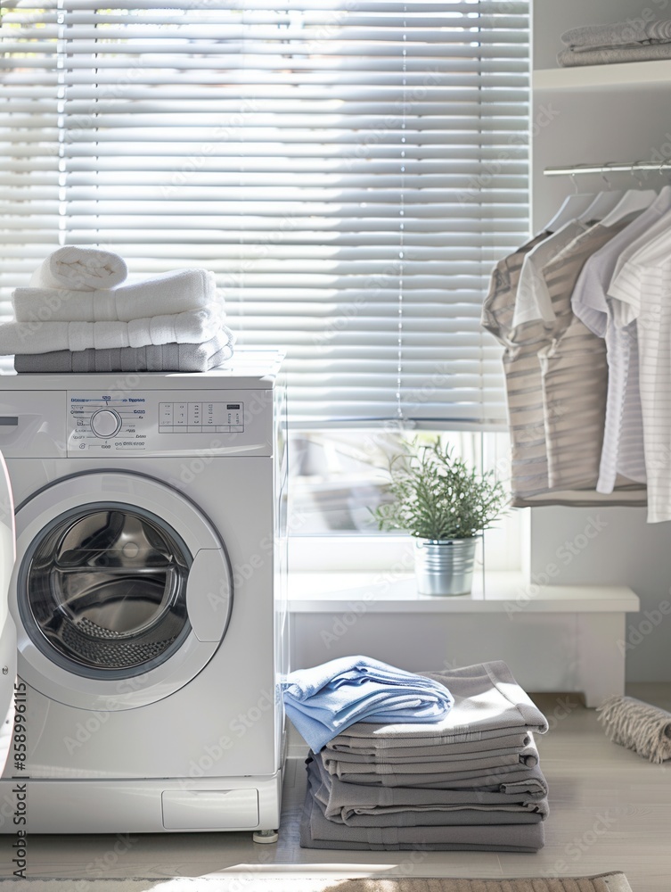 Aufkleber A white washing machine with a closed door sits in a laundry room with a window and blinds. A stack of neatly folded laundry is in front of the machine. Generative AI