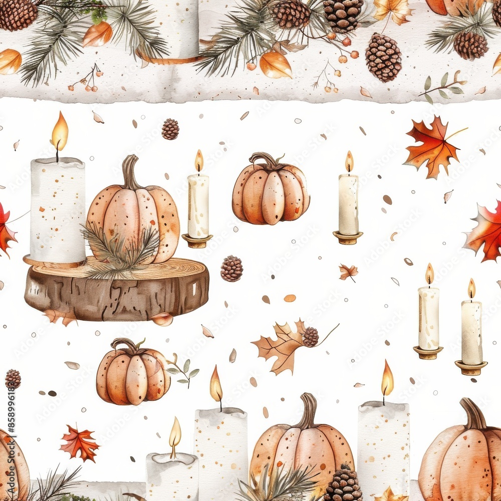 Poster this image is a watercolor seamless pattern with pumpkins, candles, and autumn leaves. it features a