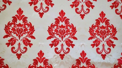 Red wallpaper vintage flock with red damask design on a white background retro vintage style.